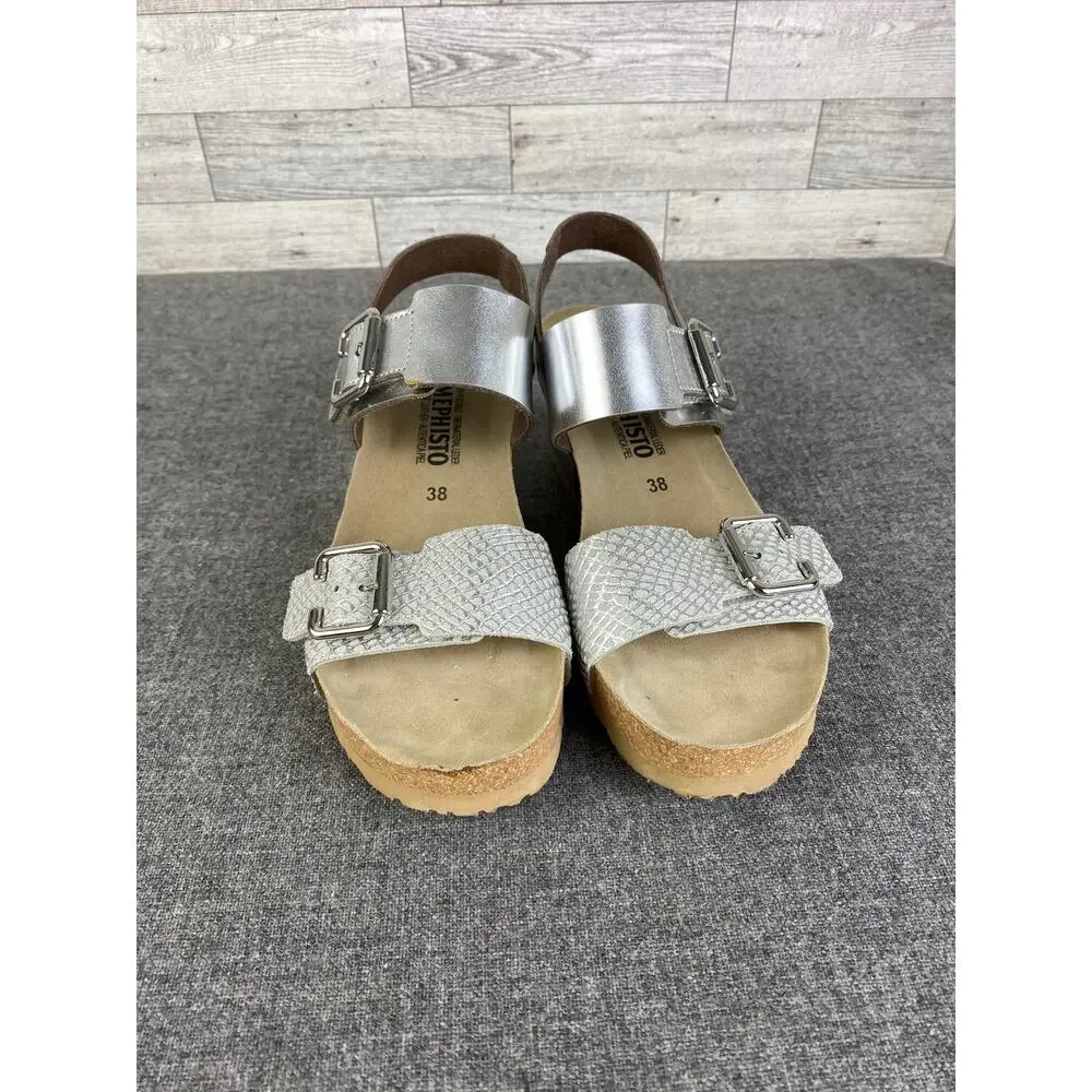 MEPHISTO WEDGE SANDALS Lissandra Silver Metallic Platform Comfort Women 38 US 8 - Picture 3 of 7